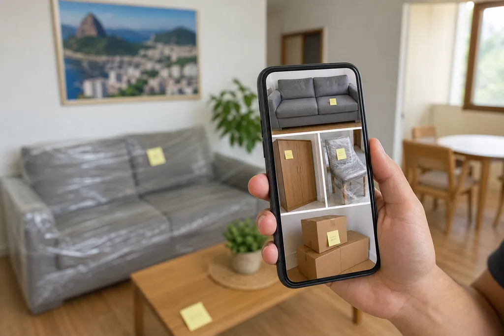 Fotos de móveis e lista para inventário de mudança no celular