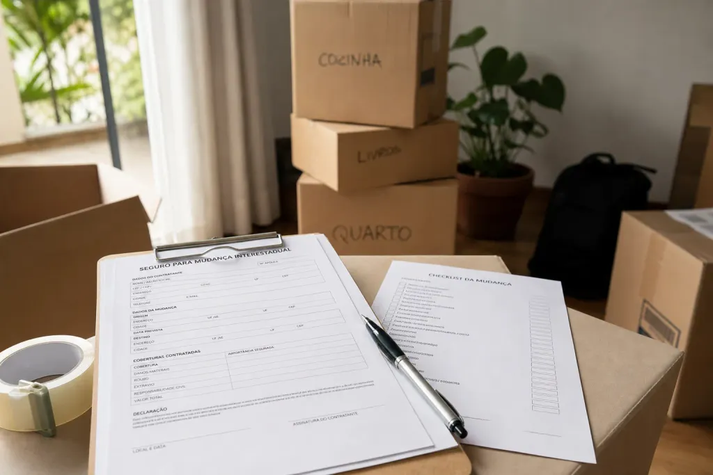 Documentos, contrato e checklist sobre mesa antes de mudança interestadual