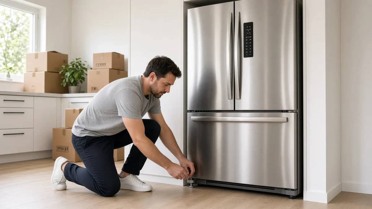 Nivelamento e posicionamento de geladeira em nicho de cozinha após mudança residencial