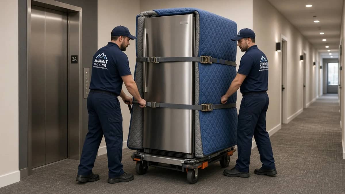 Equipe profissional de mudança transportando geladeira na vertical com carrinho especial, mantas acolchoadas e cintas