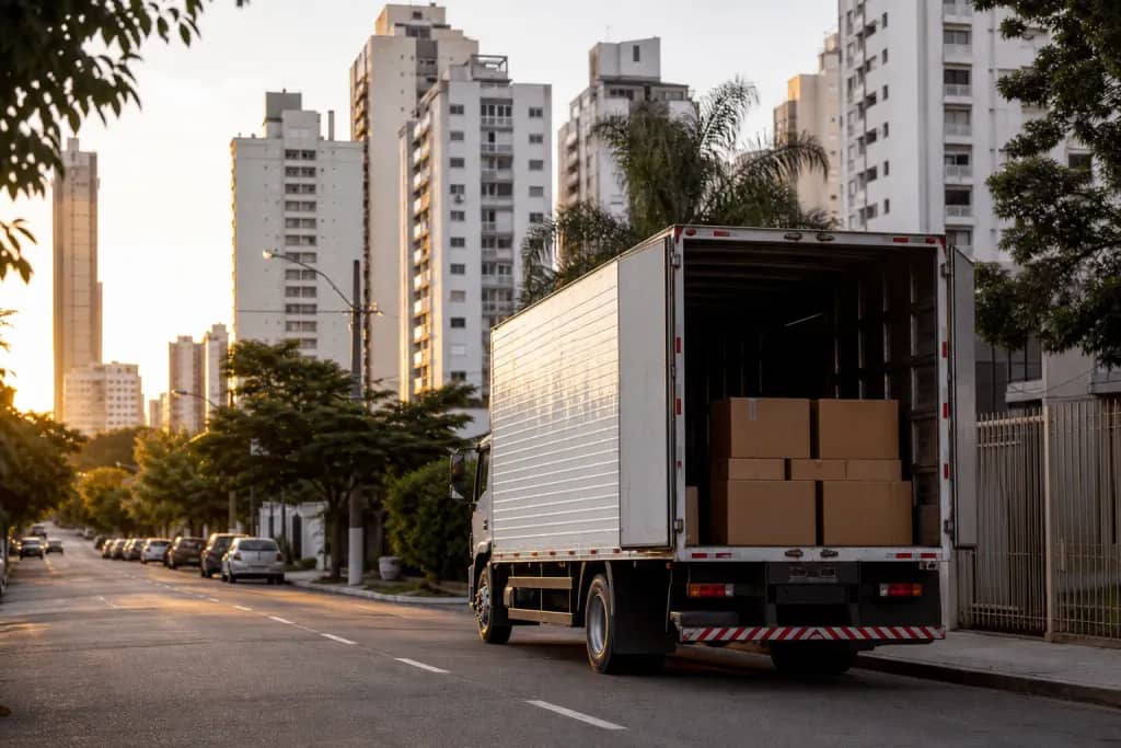 Caminhão de mudança em avenida de cidade brasileira com prédios residenciais