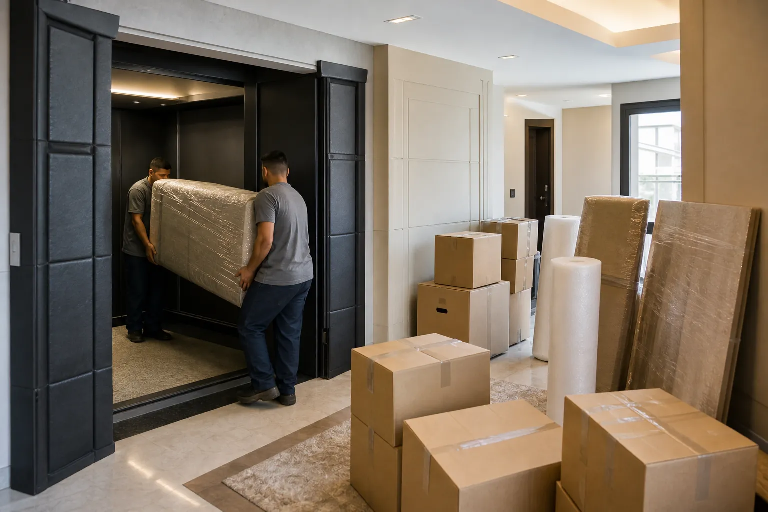 Mudança residencial em apartamento em Moema com caixas e proteção de elevador