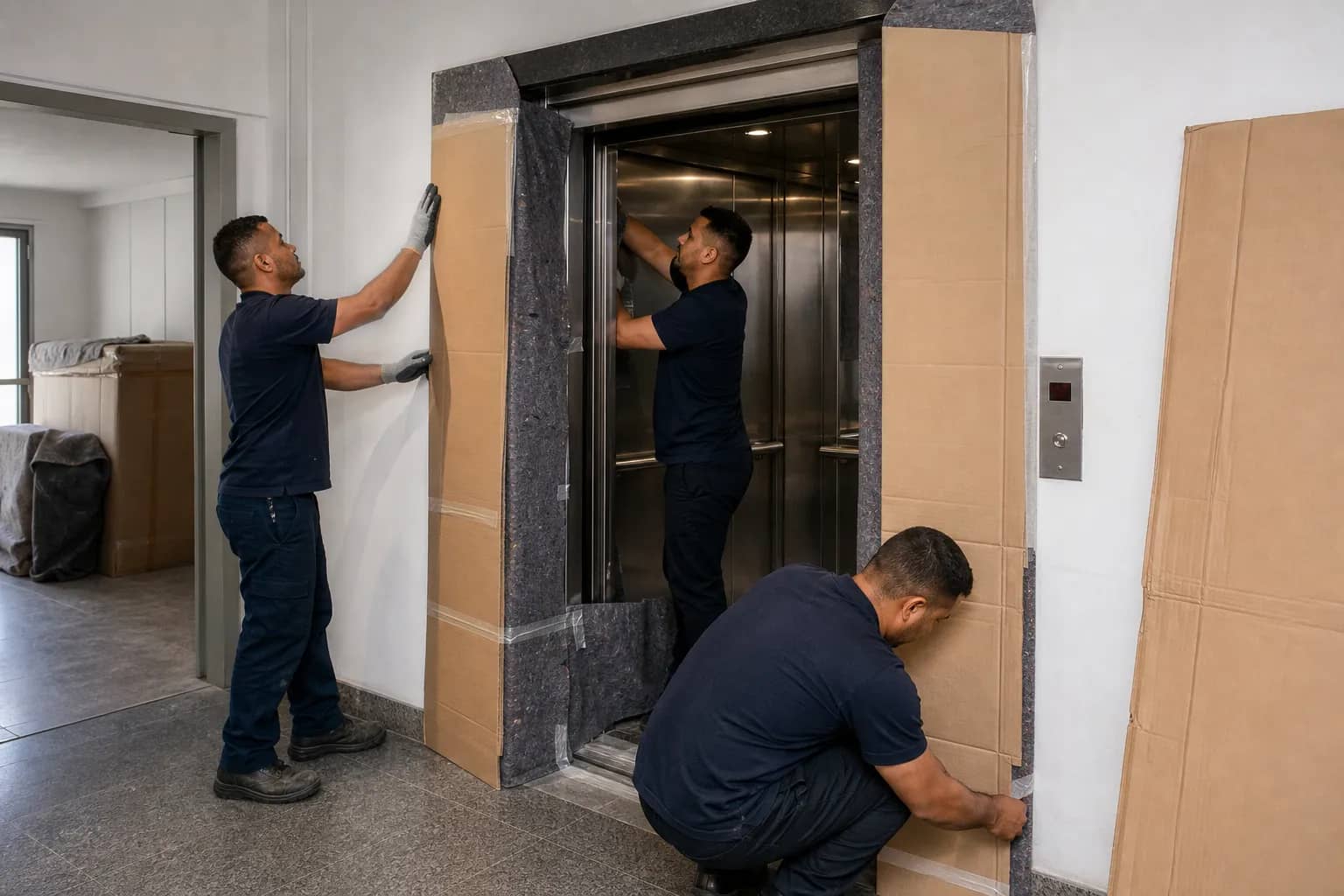 Equipe de mudança protegendo elevador de serviço em condomínio da Mooca