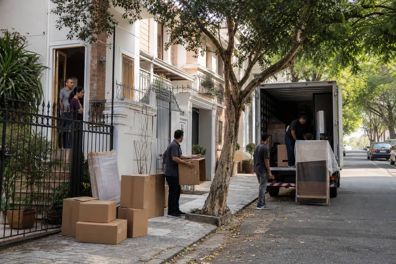 Mudança em casa térrea em Perdizes com caixas na calçada e caminhão na rua
