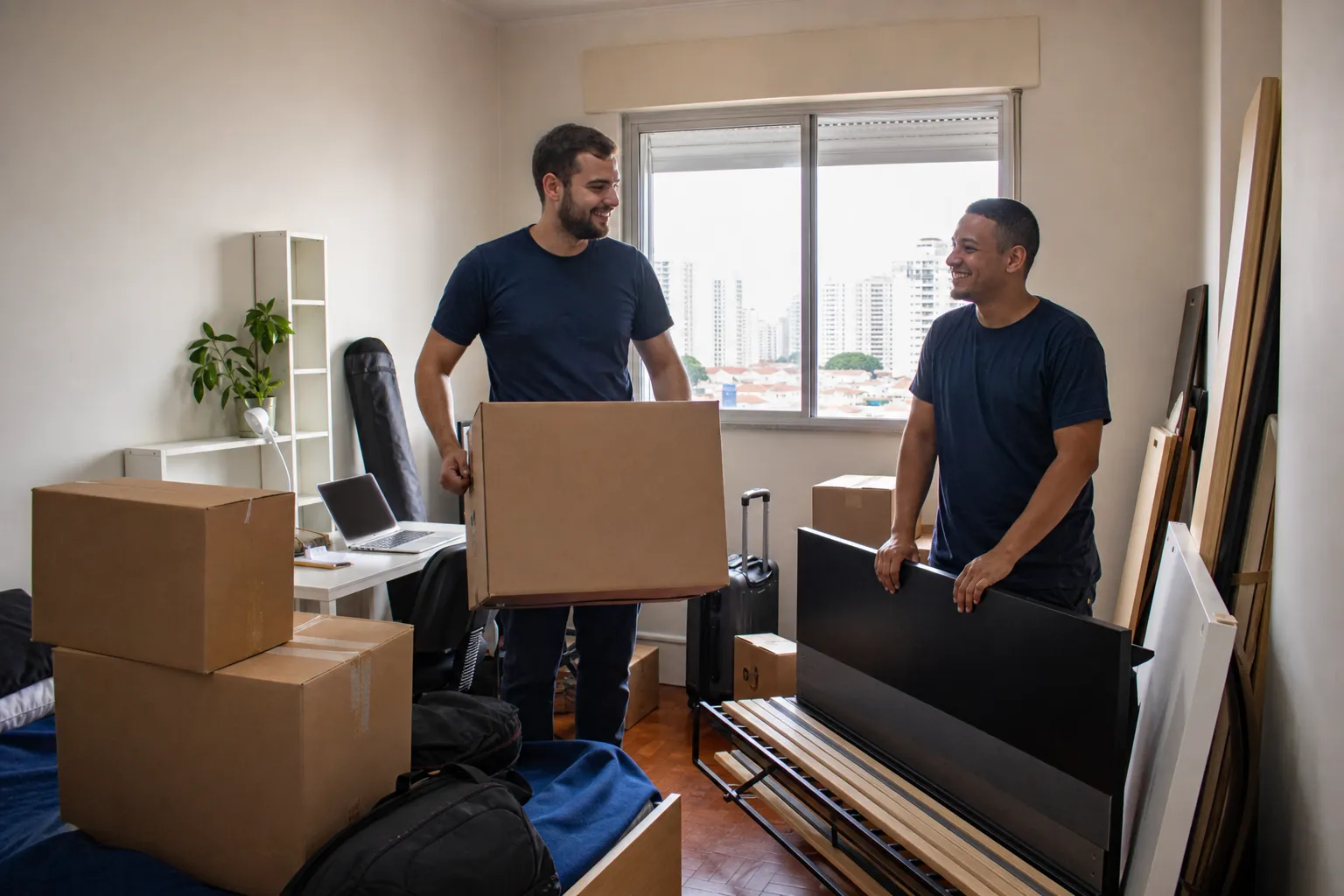 Mudança compacta com caixas e móveis básicos em apartamento pequeno na Vila Mariana