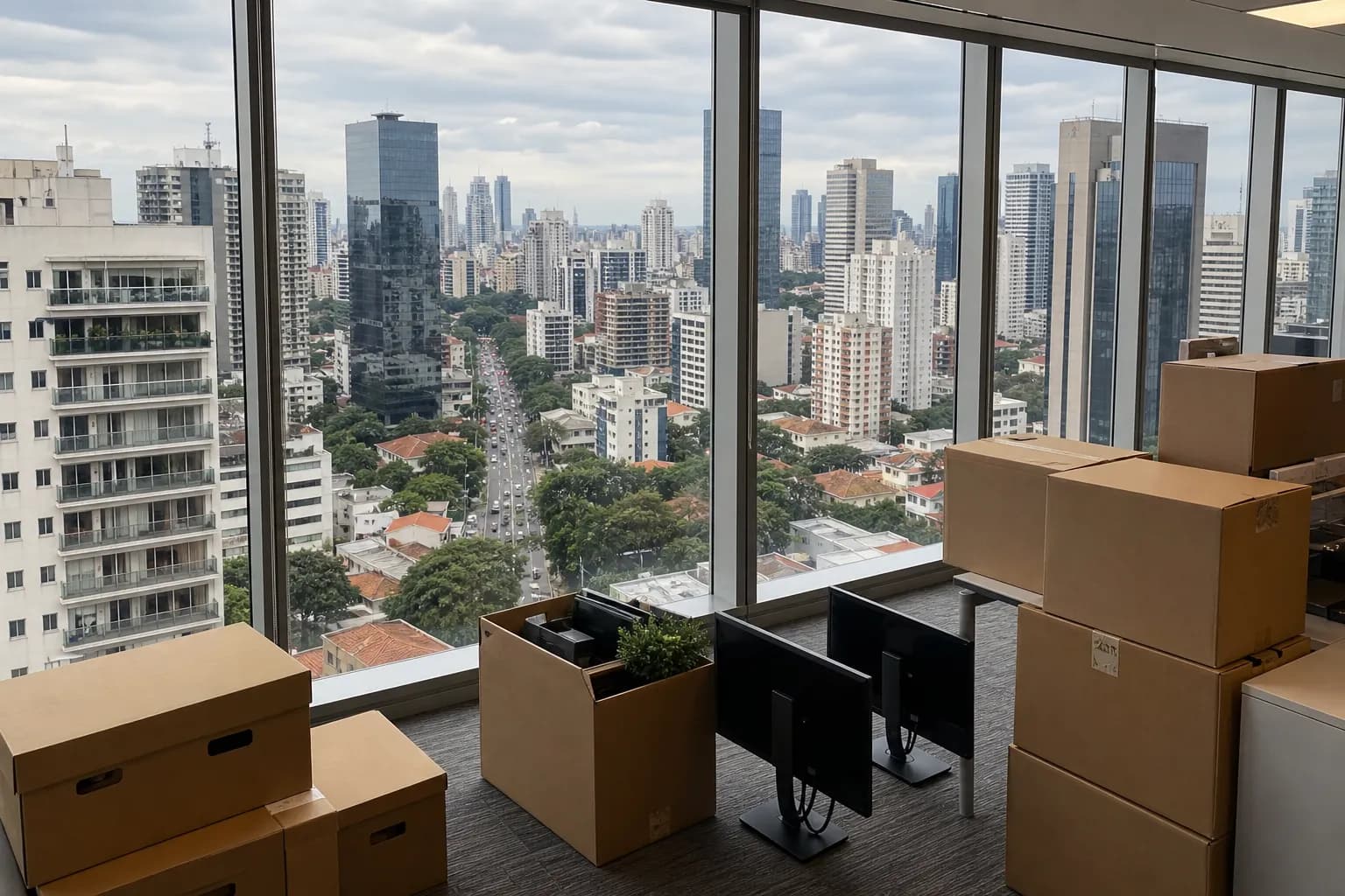 Caixas de mudança com o skyline de São Paulo ao fundo