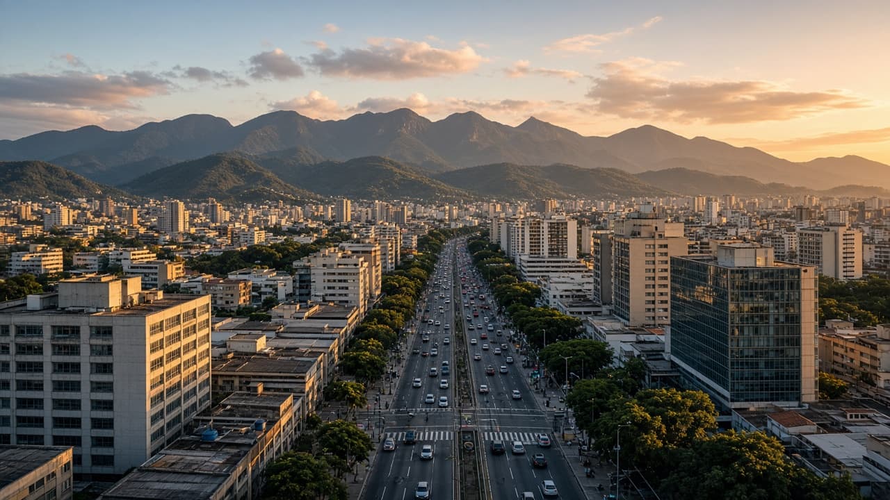 Centro urbano de Nova Iguaçu com a Serra do Mar ao fundo