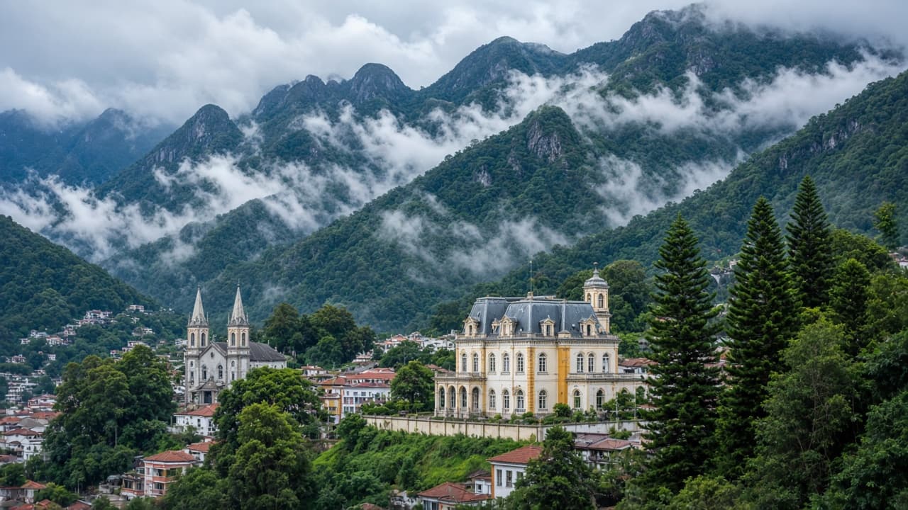 Petrópolis na Serra dos Órgãos, com arquitetura histórica e montanhas