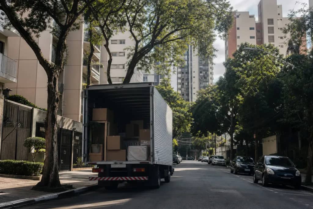 Caminhão de mudança em rua arborizada da Mooca com torres residenciais ao fundo