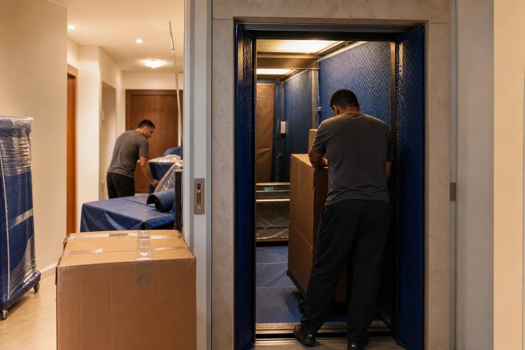Sábado de manhã: elevador de serviço protegido para mudança em condomínio