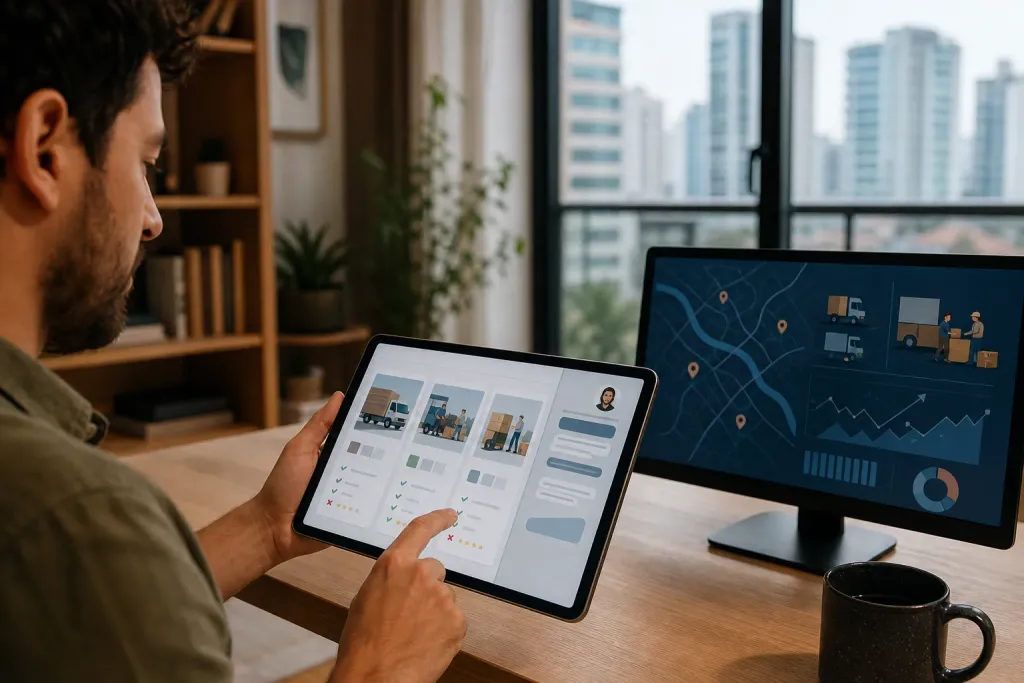Cliente comparando empresas de mudança em tablet com atendimento digital