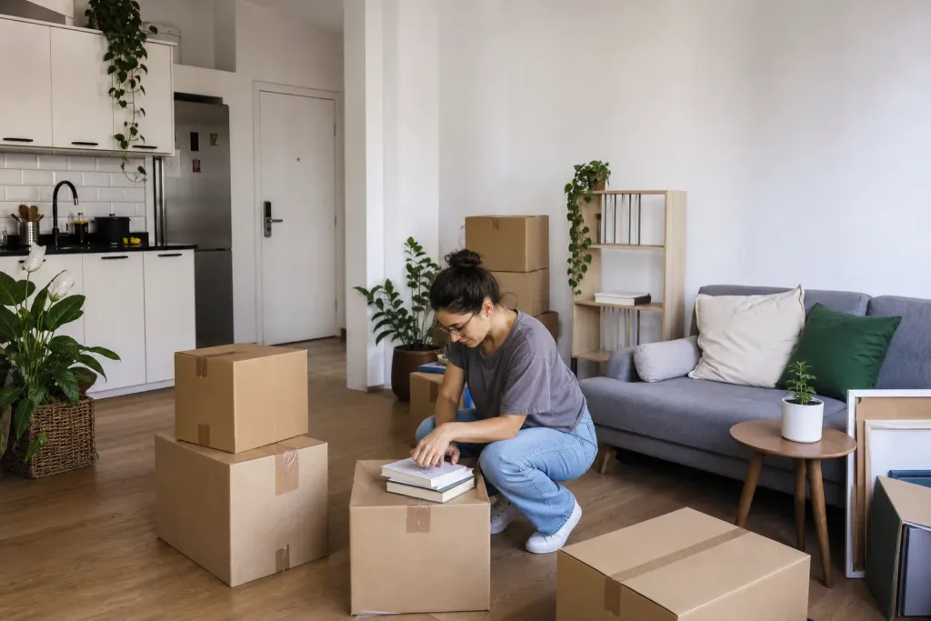 Mudança compacta em apartamento pequeno com caixas etiquetadas