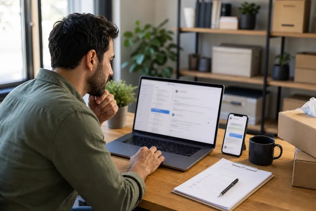 Profissional comparando propostas de mudança no computador e no celular