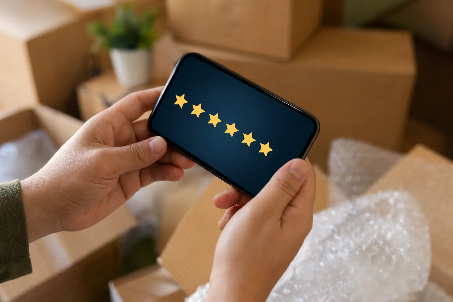 Pessoa consultando avaliações de empresa de mudança no celular, com caixas ao fundo