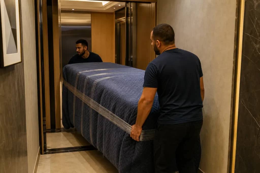 Equipe protegendo móvel com manta em hall de condomínio em São Paulo