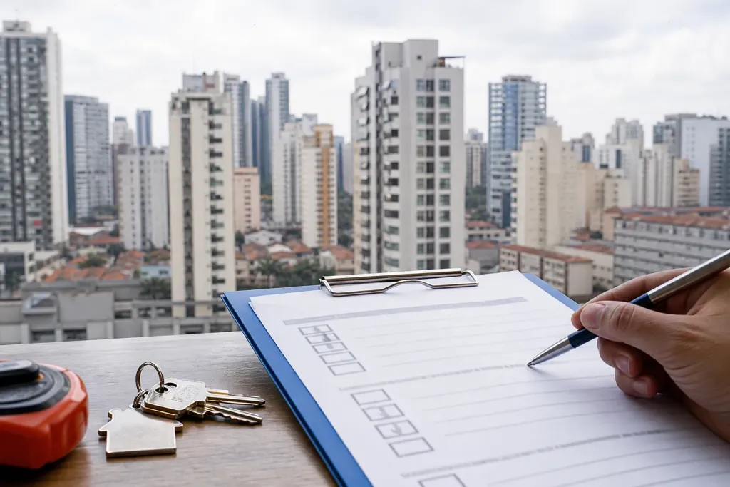 Checklist de planejamento de mudança com vista urbana de São Paulo ao fundo