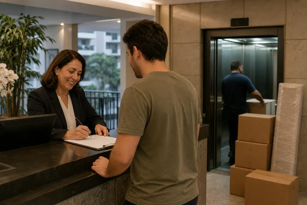Portaria de condomínio em São Paulo com agendamento de elevador para mudança