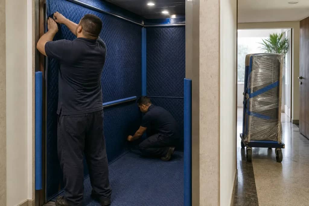 Equipe protegendo piso e paredes do elevador de serviço durante mudança