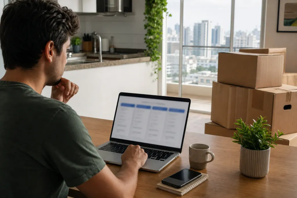 Comparando orçamentos de mudança residencial no laptop em apartamento em SP