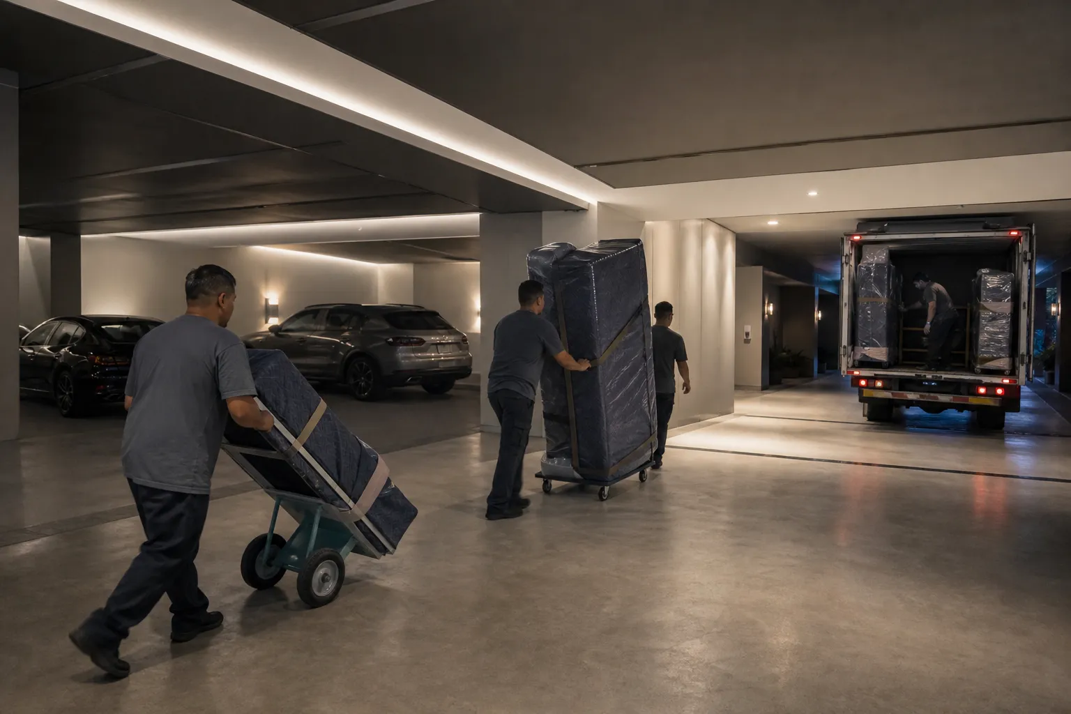 Garagem de condomínio no Itaim Bibi com equipe de mudança e móveis protegidos