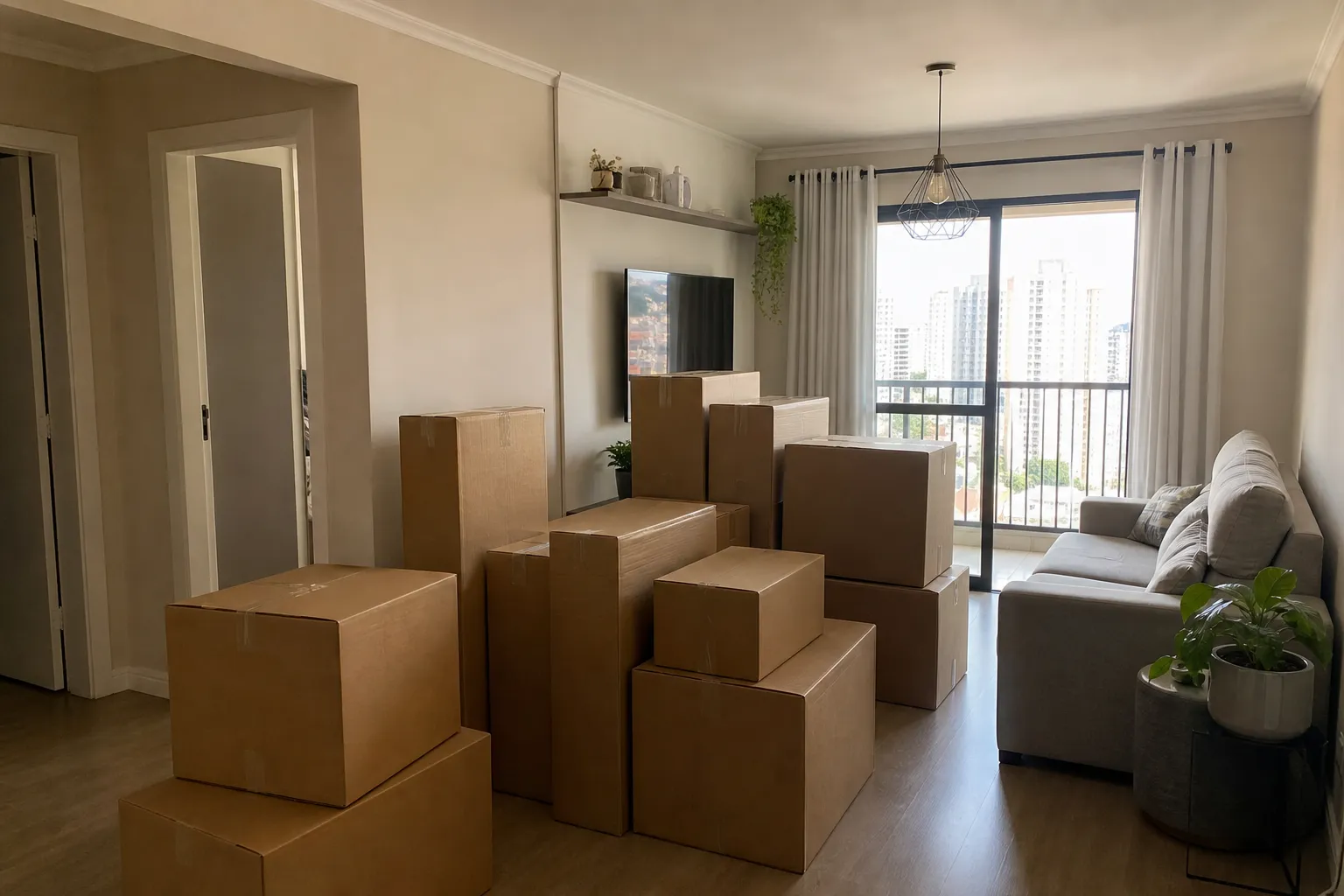 Caixas de mudança organizadas em sala de apartamento no Tatuapé antes da coleta