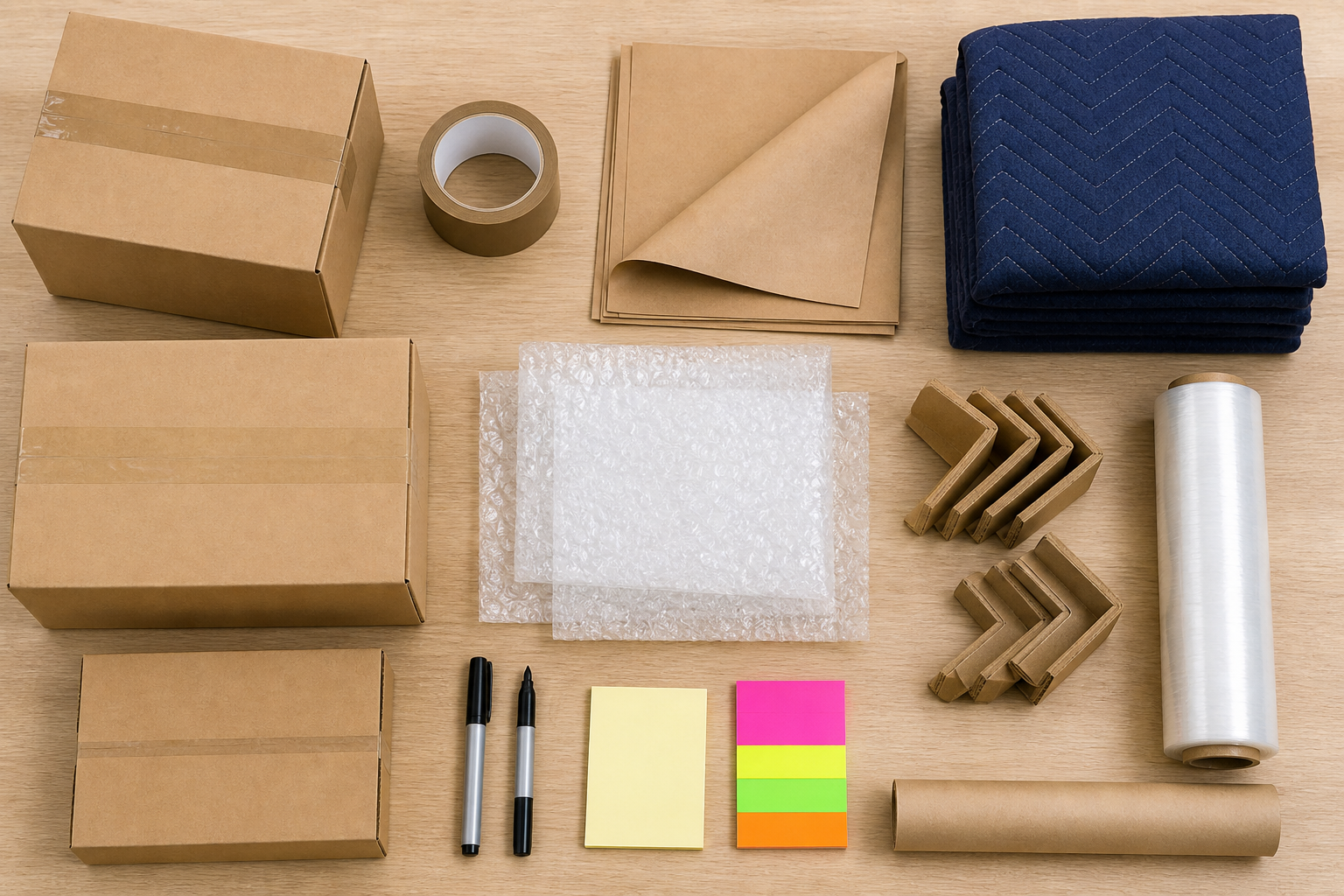 Materiais usados para proteger caixas e objetos durante uma mudança