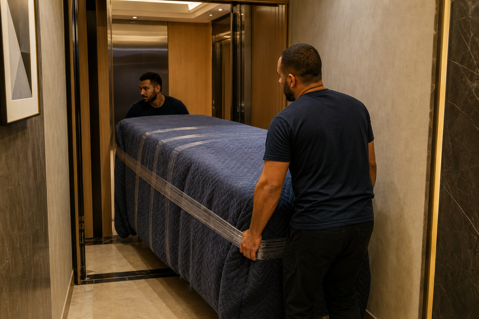 Equipe protegendo móvel com manta em hall de condomínio em São Paulo