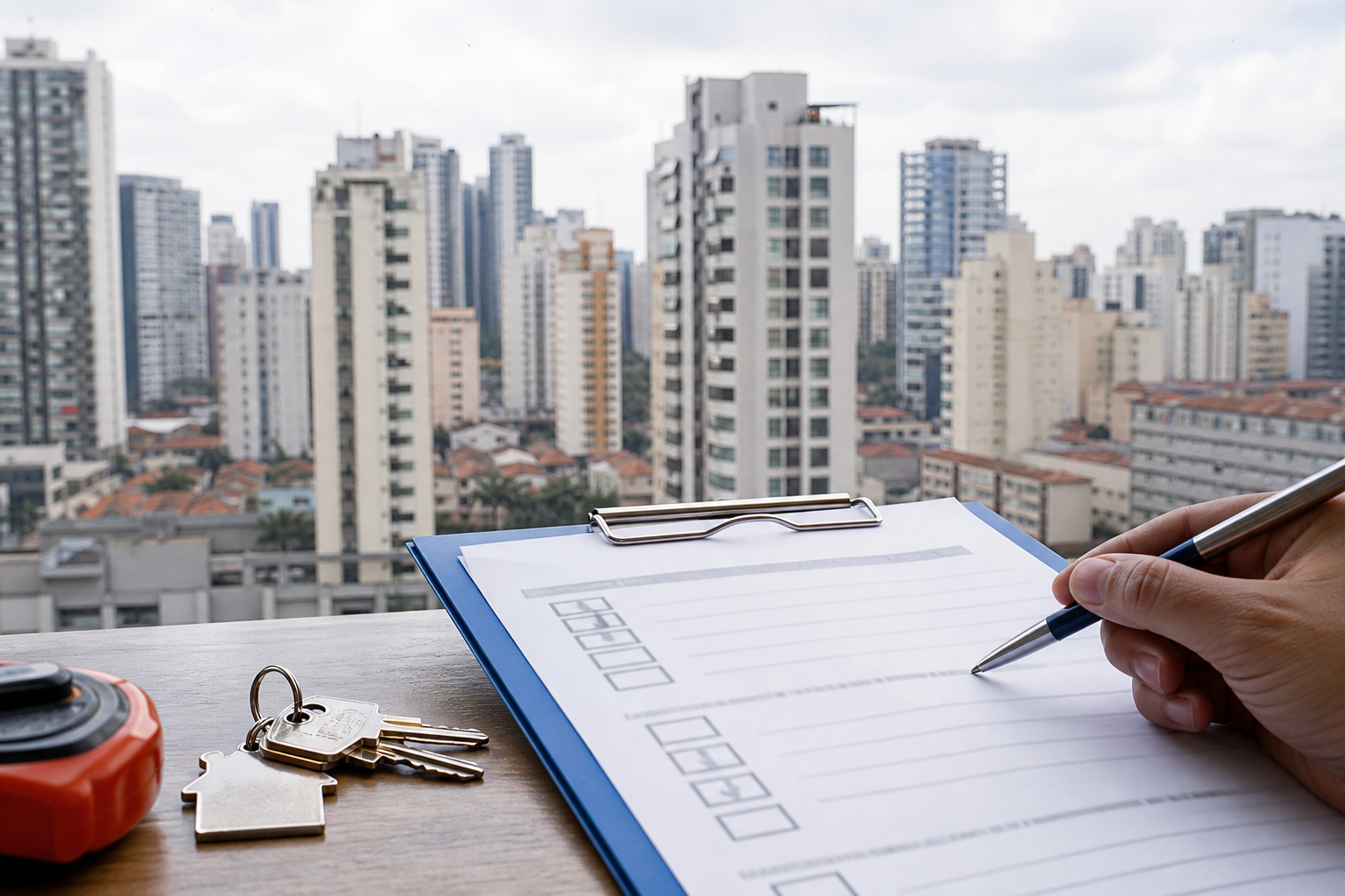 Checklist de planejamento de mudança com vista urbana de São Paulo ao fundo