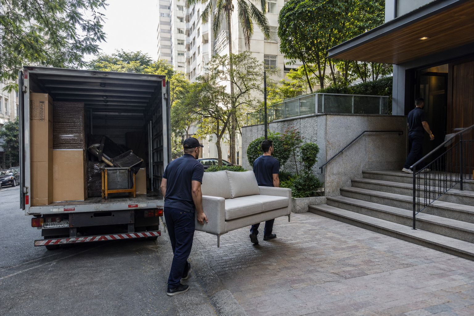 Caminhão de mudança na rua de São Paulo com acesso a edifício residencial