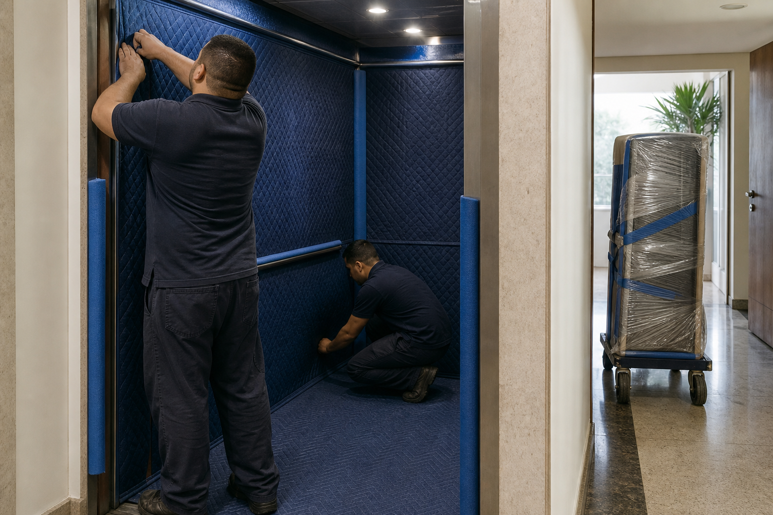Equipe protegendo piso e paredes do elevador de serviço durante mudança